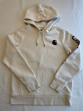 CARHARTT Women's Relaxed Fit Logo Sleeve Hoodie in Cream Beige Burgundy XS #852